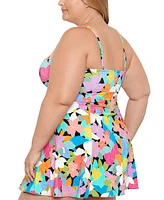 Swim Solutions Plus Tummy Control Bow-Front Printed Swimdress, Created for Macy's