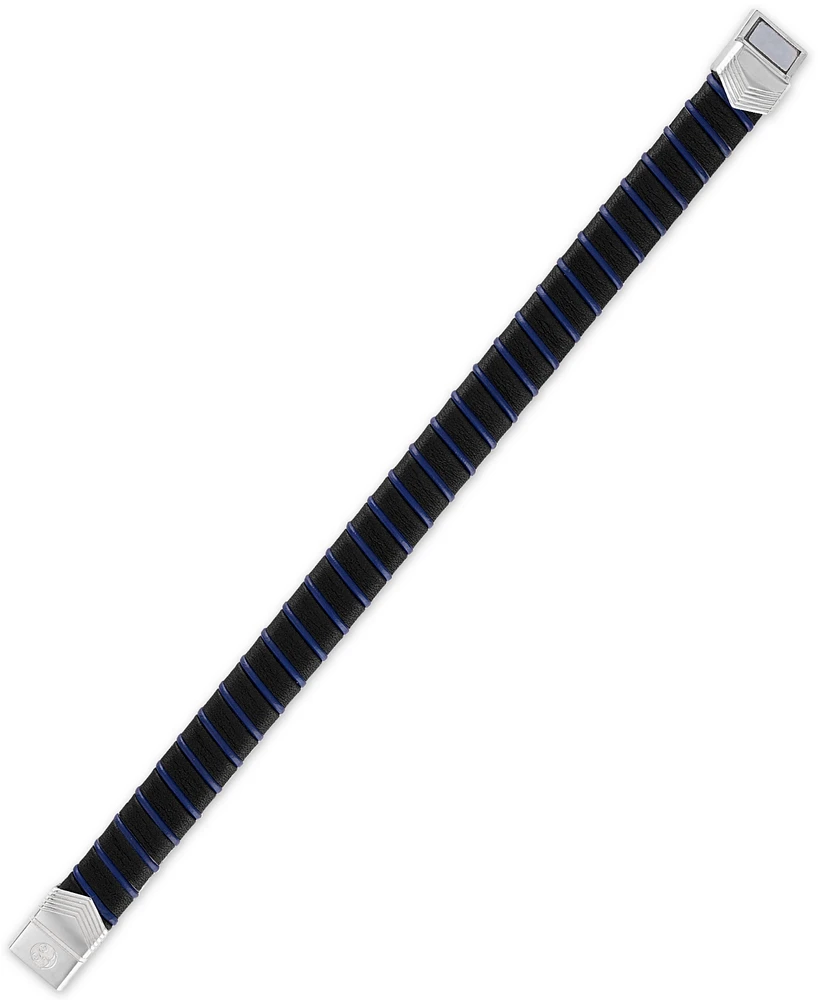 Esquire Men's Jewelry Woven Black & Blue Leather Bracelet in Sterling Silver, Created for Macy's