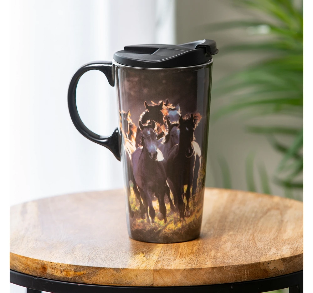 Evergreen Ceramic Travel Cup, 17 Oz. ,w/box, Running Horses