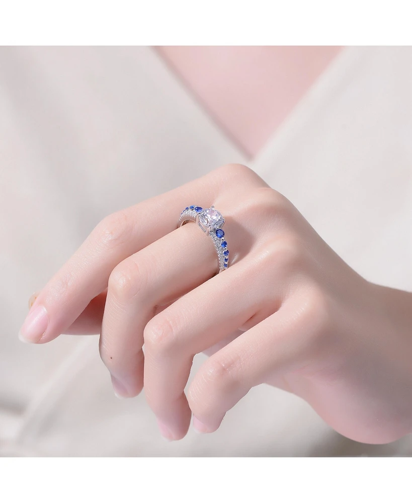 Sterling Silver Rhodium Plated with Blue Cubic Zirconia Statement Ring