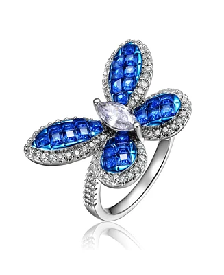 Sterling Silver with Rhodium Plated and Blue Cubic Zirconia Butterfly Ring