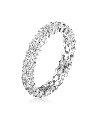 Sterling Silver with Rhodium Plated Clear Round Cubic Zirconia Curved Eternity Ring
