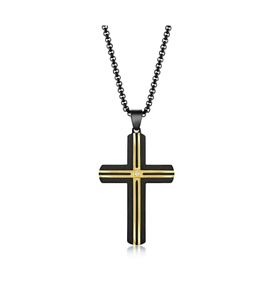 Mens Stainless Steel Black & Gold Lined Single Cz Cross Necklace