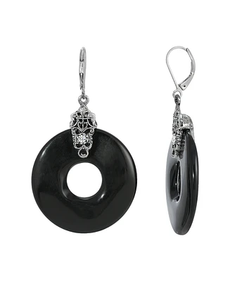 2028 Silver Tone Black Round Drop Earrings