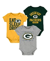 Newborn and Infant Boys and Girls Green, Gold Green Bay Packers Eat Sleep Drool Football Three-Piece Bodysuit Set