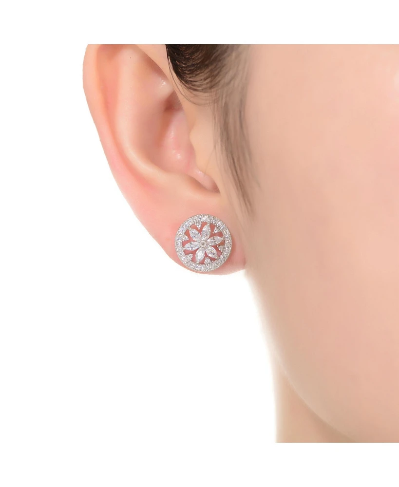 Gv Sterling Silver White Gold Plated Clear Marquise with Round Cubic Zirconia Halo Wreath Earrings