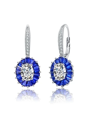 Gv Sterling Silver White Gold Plated and Blue Cubic Zirconia Leaverback Earrings