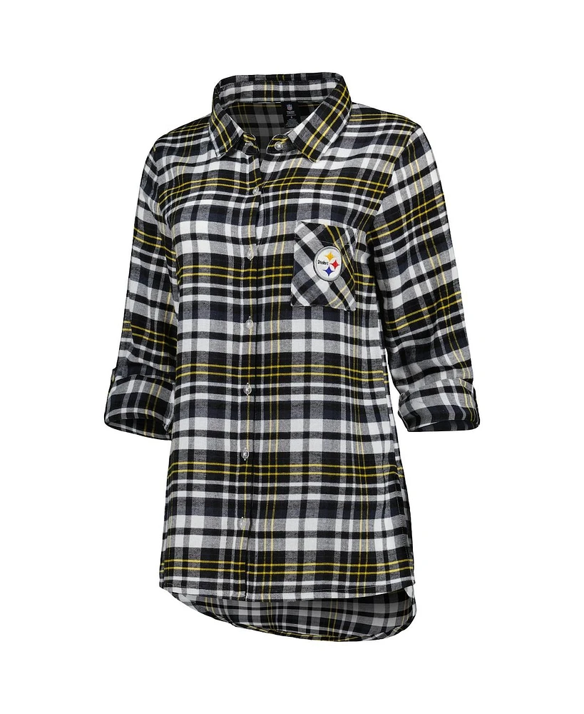 Women's Concepts Sport Black, Gold Pittsburgh Steelers Mainstay Flannel Full-Button Long Sleeve Nightshirt