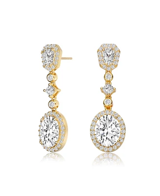 Gv Sterling Silver with Gold Plated Clear Oval with Princess and Round Cubic Zirconia Accent Long Drop Earrings
