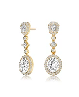 Gv Sterling Silver with Gold Plated Clear Oval with Princess and Round Cubic Zirconia Accent Long Drop Earrings