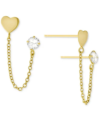 Giani Bernini Cubic Zirconia & Heart Double Piercing Chain Earrings in Gold-Plated Sterling Silver, Created for Macy's