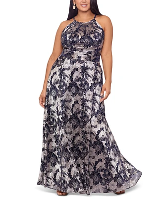 Betsy & Adam Plus Size Floral Foil Print Halter-Neck Gown