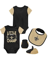 Newborn and Infant Boys and Girls Black, Gold New Orleans Saints Little Champ Three-Piece Bodysuit Bib and Booties Set