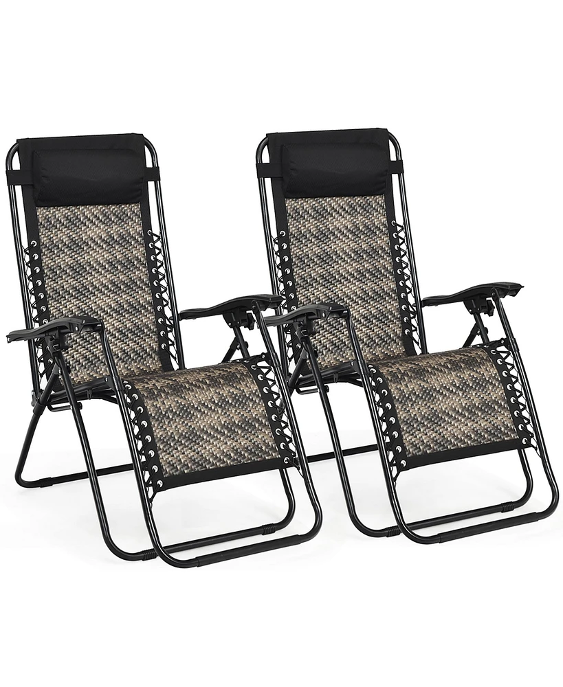 2PCS Patio Rattan Zero Gravity Lounge Chair Folding Recliner Headrest