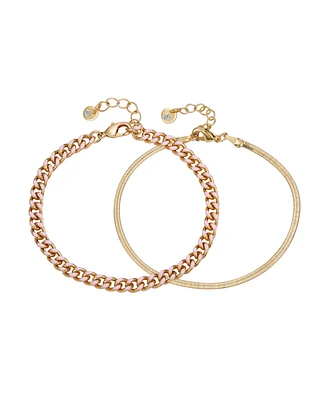 Unwritten 14K Gold Flash-Plated Light Enamel Curb Chain and Herringbone Chain Bracelet Set
