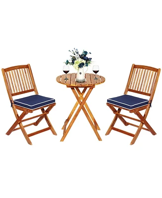 3PCS Patio Folding Wooden Bistro Set Cushioned Chair Conversation Garden