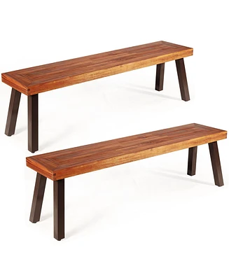 Costway Set of 2 Patio Acacia Wood Dining Bench with Rustic Steel Legs Outdoor Indoor