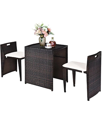 3PCS Outdoor Patio Rattan Furniture Set Space Saving Garden Deck W/Cushion No Assembly