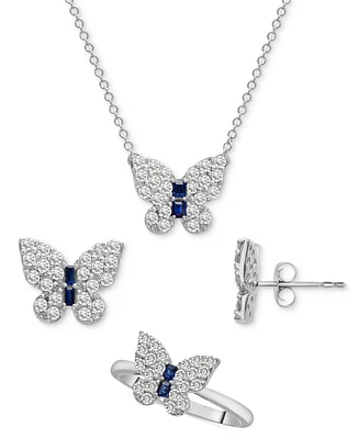 3-Pc. Set Lab-grown White Sapphire (2-1/5 ct. t.w.) & Lab-grown Blue Sapphire (1/4 ct. t.w.) Butterfly Pendant Necklace, Stud Earrings, and Ring in St