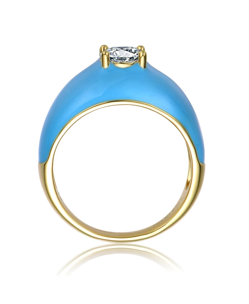 Ra Young Adults/Teens 14k Yellow Gold Plated with Cubic Zirconia Solitaire Blue Enamel Dome Ring