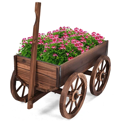 Wood Wagon Flower Planter Pot Stand W/Wheels