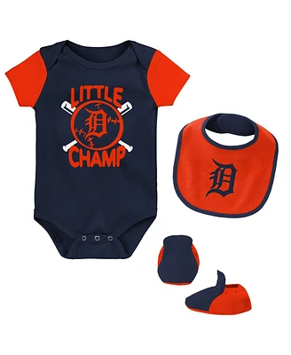 Newborn and Infant Boys and Girls Navy Detroit Tigers Little Champ Three-Pack Bodysuit, Bib and Booties Set
