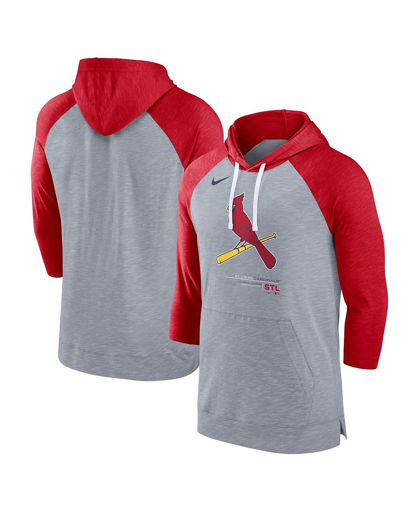 Men's Nike Heather Gray, Heather Red St. Louis Cardinals Baseball Raglan 3/4 Sleeve Pullover Hoodie