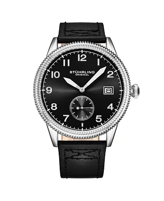 Stuhrling Men's Aviator Black Leather , Black Dial , 51mm Round Watch