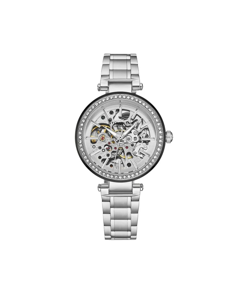 Stuhrling Women's Automatic Alloy Silver Case, Skeleton Dial,Silver Ss Link Bracelet Watch Crystal Studded Bezel