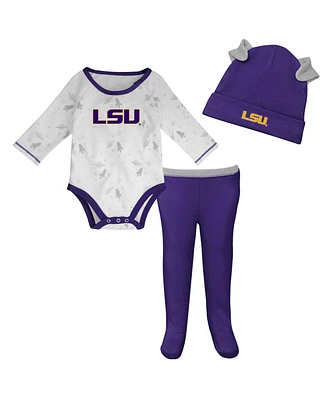 Newborn and Infant Boys and Girls Purple, White Lsu Tigers Dream Team Raglan Long Sleeve Bodysuit Hat and Pants Set