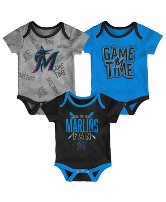 Newborn and Infant Boys Girls Miami Marlins Black, Blue, Heathered Gray Game Time Three-Piece Bodysuit Set