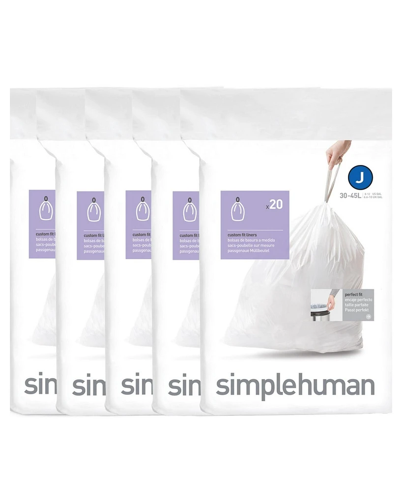 simplehuman Code J 100pk Custom Fit Liners with 5 Quick Dispense Packs, 30-45L Kitchen Trash Bag Liners