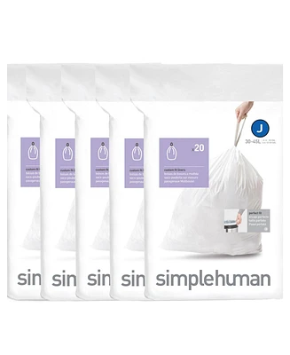 simplehuman Code J 100pk Custom Fit Liners with 5 Quick Dispense Packs, 30-45L Kitchen Trash Bag Liners