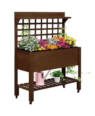 Outsunny 41" Raised Garden Bed with Wheels, Trellis, Storage Shelves,