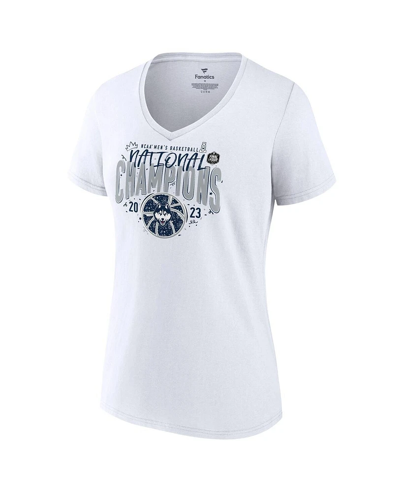 Women's Fanatics White UConn Huskies 2023 Ncaa Men's Basketball National Champions Confetti V-Neck T-shirt