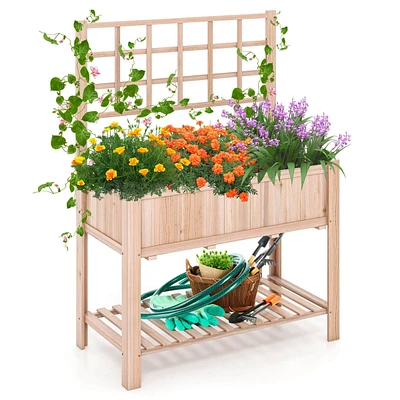 Raised Garden Bed Elevated Wooden Planter Box with Trellis & Open Storage Shelf
