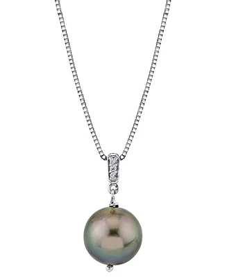 Black Cultured Tahitian Pearl (10mm) & Diamond Accent 18" Pendant Necklace in Sterling Silver