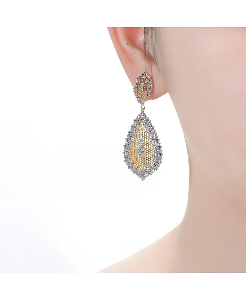 Paved White Gold and 14K Gold Plated Cubic Zirconia Drop Earrings
