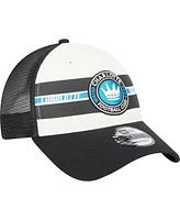 Men's New Era White, Black Charlotte Fc Team Stripes 9FORTY Trucker Snapback Hat