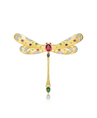 Rachel Glauber White Gold and 14K Gold Plated Red Genuine Stone Dragon Fly Pin