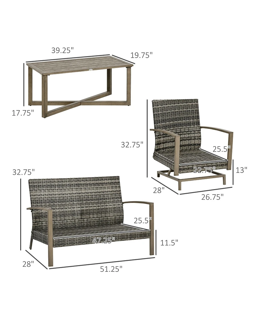Outsunny Patio Furniture Set, 4 Piece Outdoor Rattan Conversation Set with 2 Armchairs, Cushions, Loveseat Sofa & Coffee Table for Porch, Poolside