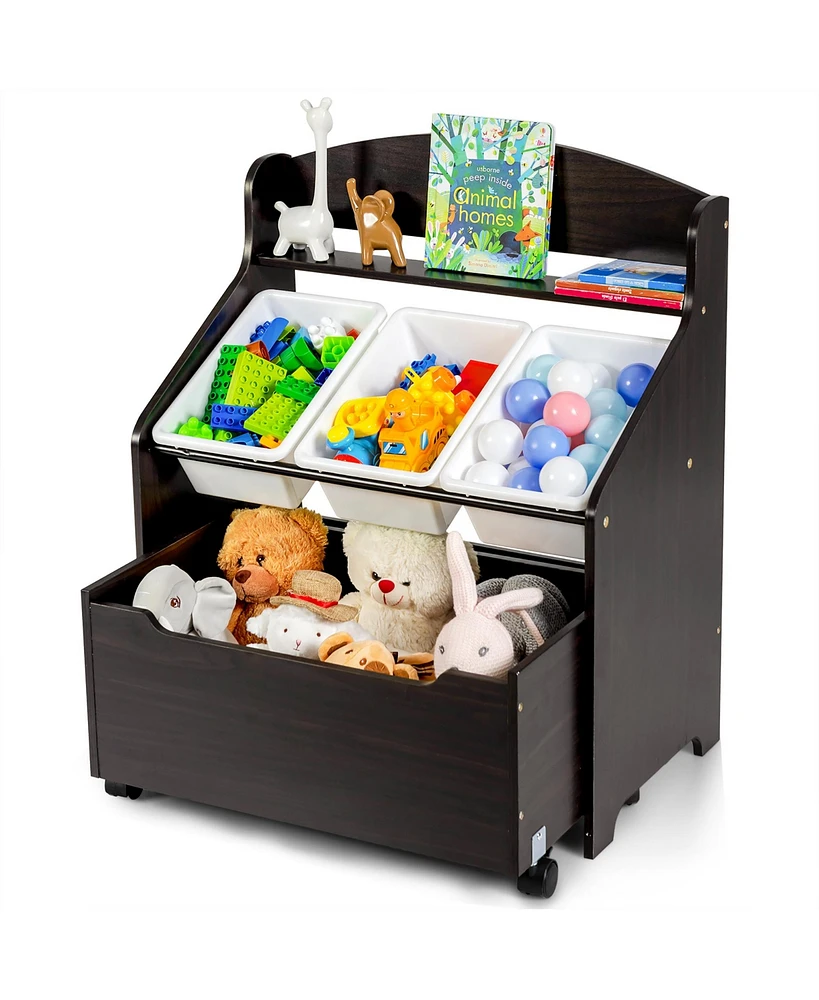 Kids Wooden Toy Storage Unit Organizer w/Rolling Box & Plastic Bins