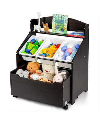 Kids Wooden Toy Storage Unit Organizer w/Rolling Box & Plastic Bins
