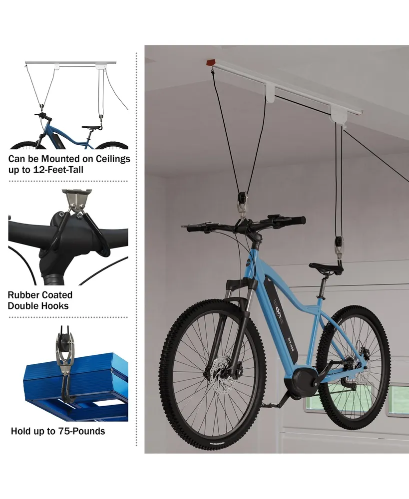 Rail Mount Hoist Pulley System - Bike Hanger for Garage - Overhead Ceiling Storage for Bicycle, Ladder, or Cargo with 75lb Capacity by Rad Cycle