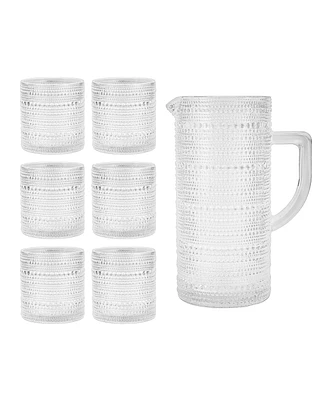 Fortessa Jupiter Beaded Glass Pitcher with 6 Double Old Fashioned Glasses, Set of 7