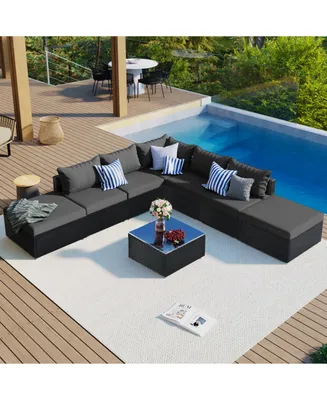 8-Pieces Outdoor Patio Furniture Sets, Garden Conversation Wicker Sofa Set, Single Sofa