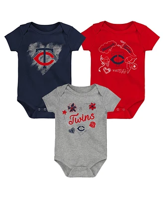 Girls Newborn and Infant Navy, Red, Heathered Gray Minnesota Twins 3-Pack Batter Up Bodysuit Set