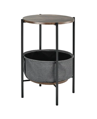 Industrial Round End Side Table Sofa Coffee Table w/ Storage Basket&Metal Frame