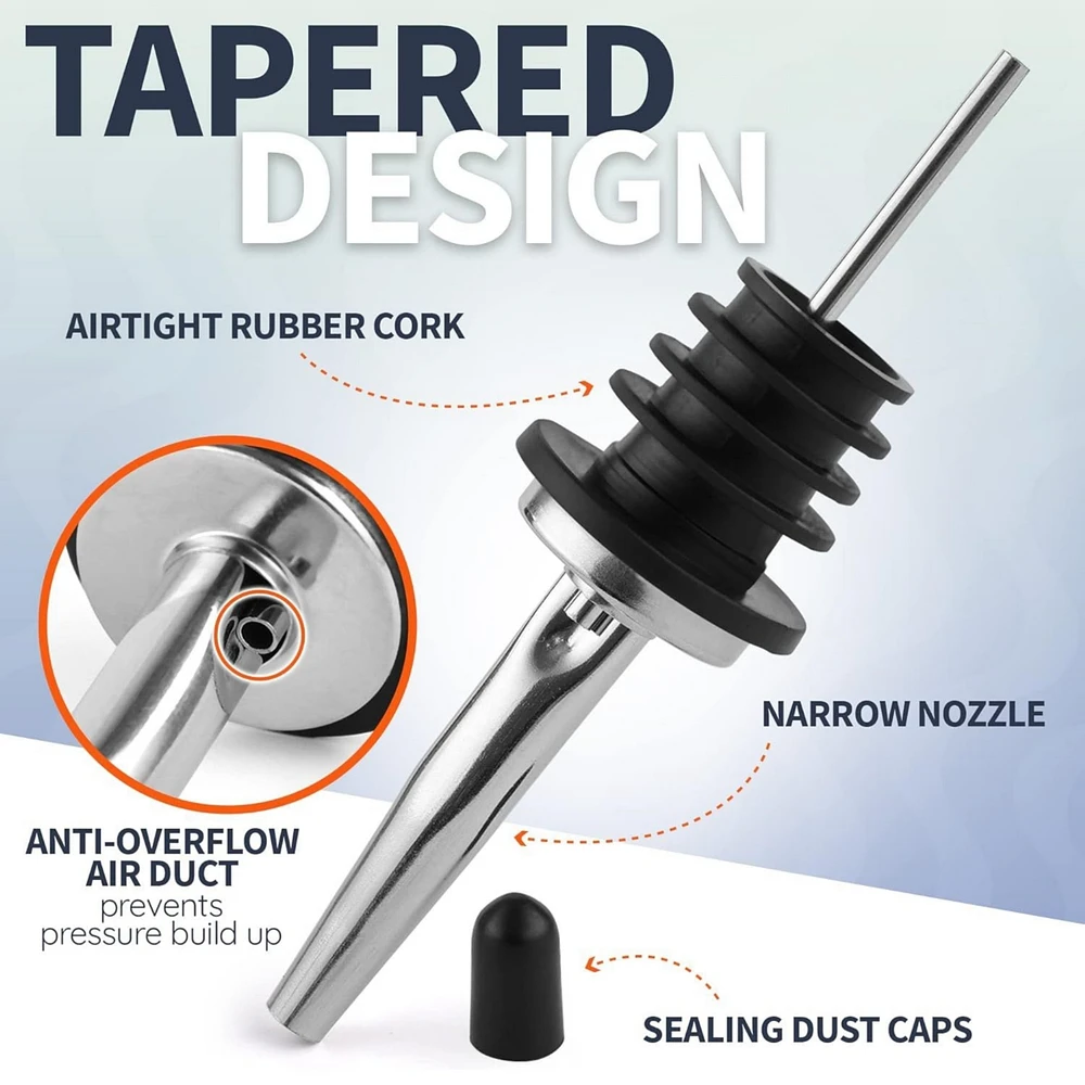 Stainless Steel Liquor Bottle Pourers with Rubber Dust Caps - 12 Pack