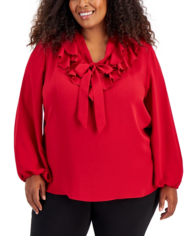 Kasper Plus Size Tie-Front Ruffle-Trim Blouse